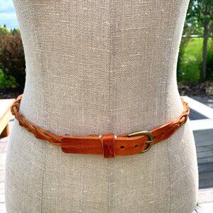 Brave Cognac Brown Braided Woven Leather Brass Buckle Skinny Boho Belt